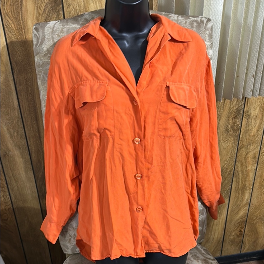 Vibrant Orange Relaxed Button Down Shirt with Notched Collar